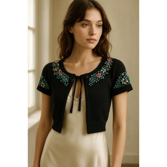 Vintage Beaded Floral Tie Front Bolero Cottagecore Balletcore Black Cardigan XL - Picture 2 of 6